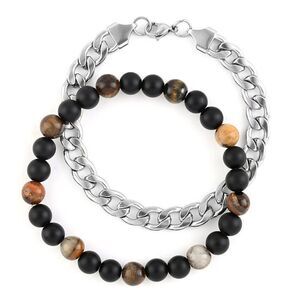 Hematite Lava and South African Red Tiger Eye Beaded Bracelet Set of 2